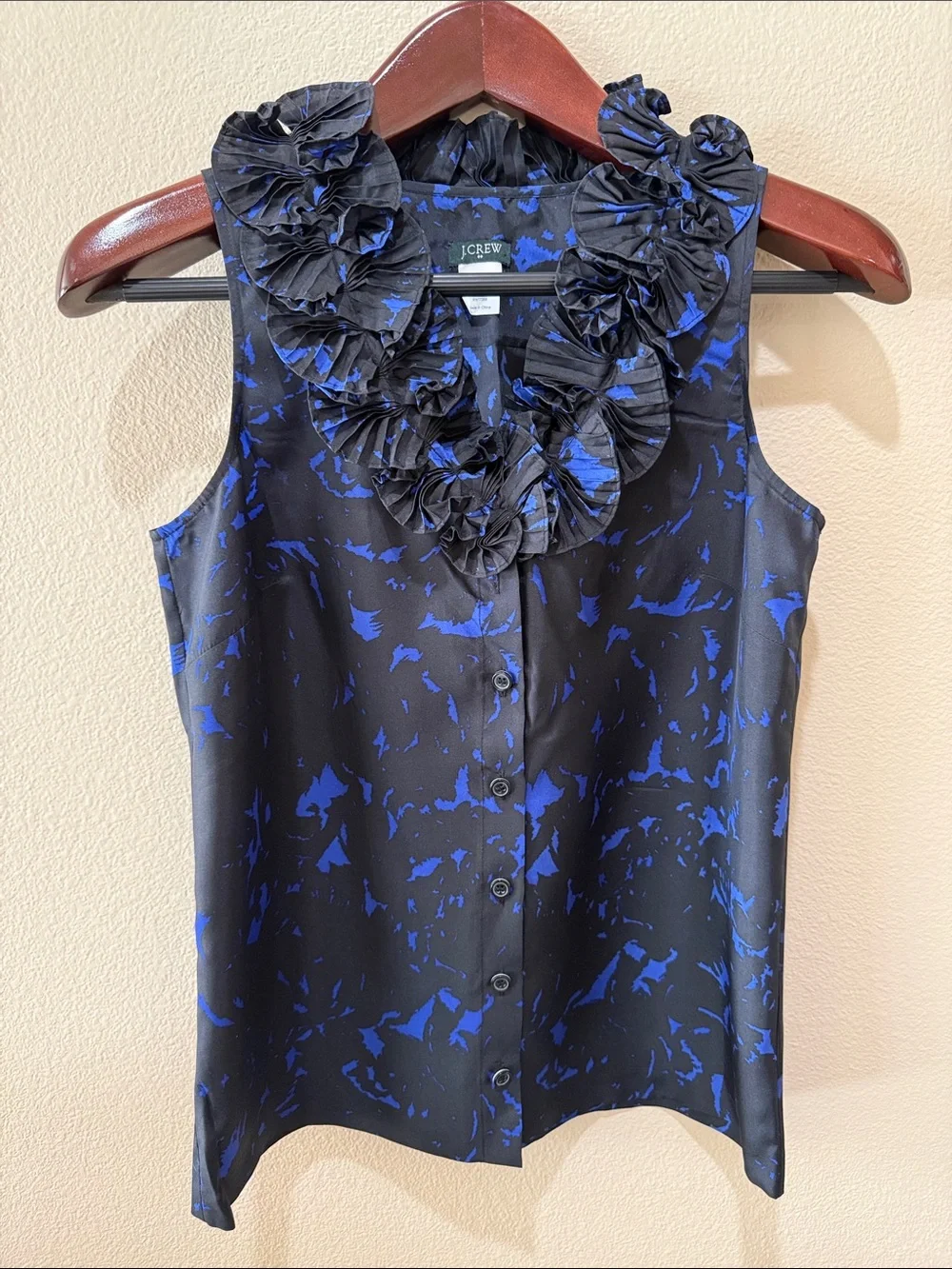J. Crew Black with Cobalt Blue Abstract Ruffle Collar Sleeveless Blouse